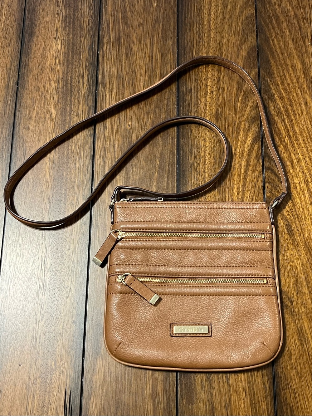 Calvin Klein Brown Leather Crossbody Bag with Gold Hardware
